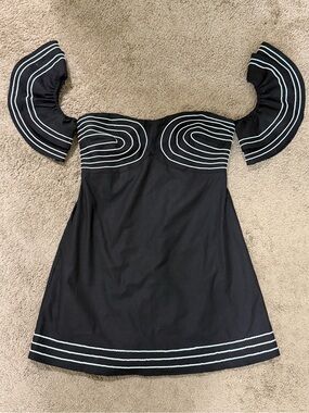 Black Off-Shoulder Mini Dress with White Contrast Trim